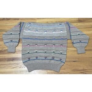 Vintage Floral Sweater Women's S‎ 80s Brown 3D Hand Knit Pastel Embroidered